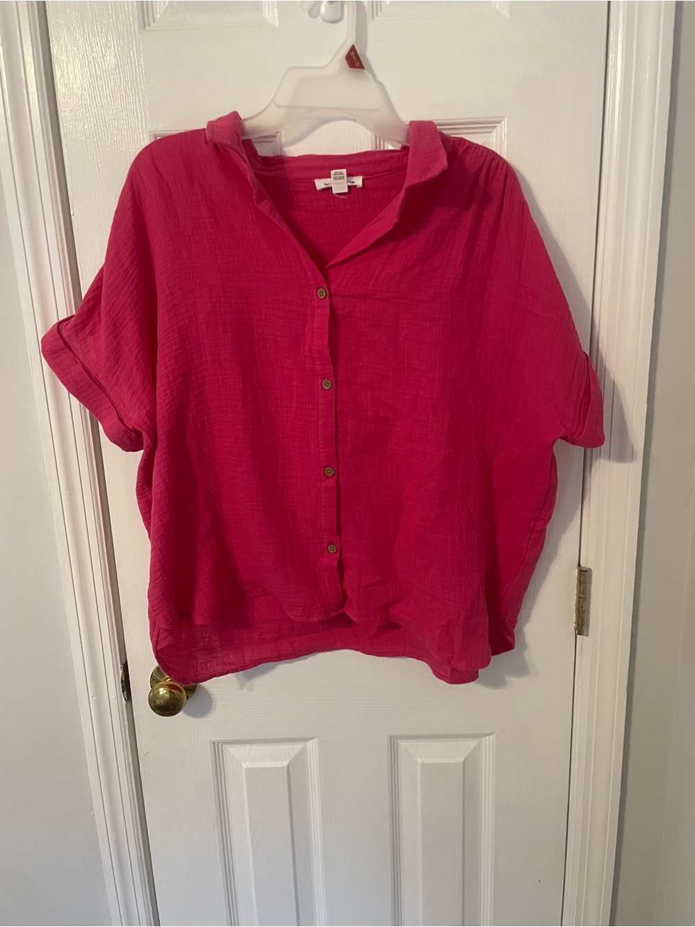 Beachlunchlounge Hot Pink Button-Front 100% Cotton Short Sleeve Blouse Size XL